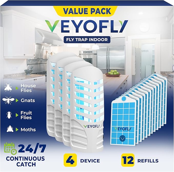 VEYOFLY Fruit Fly Traps for Indoors, Fly Trap Indoor, (4 Device + 12 Refills) Fly Catcher Indoor, Gnat Traps for House Indoor, Fly Trap, Plug in Light Flying Insect Trap, Bug Killer
