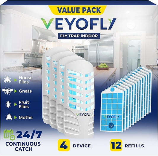 VEYOFLY Fruit Fly Traps for Indoors, Fly Trap Indoor, (4 Device + 12 Refills) Fly Catcher Indoor, Gnat Traps for House Indoor, Fly Trap, Plug in Light Flying Insect Trap, Bug Killer