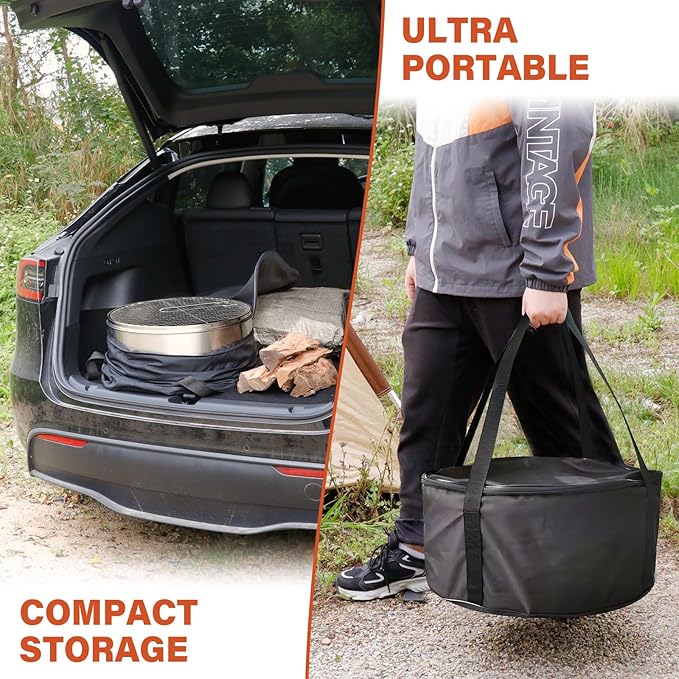 HGD 19.5 Inch Smokeless Firepit with Grill, Portable Wood Burning Fire Pit for Camping & Backyard, Stainless Steel Outdoor Fireplace with Travel Bag, Easy Setup & Compact Storage - Foldable Design