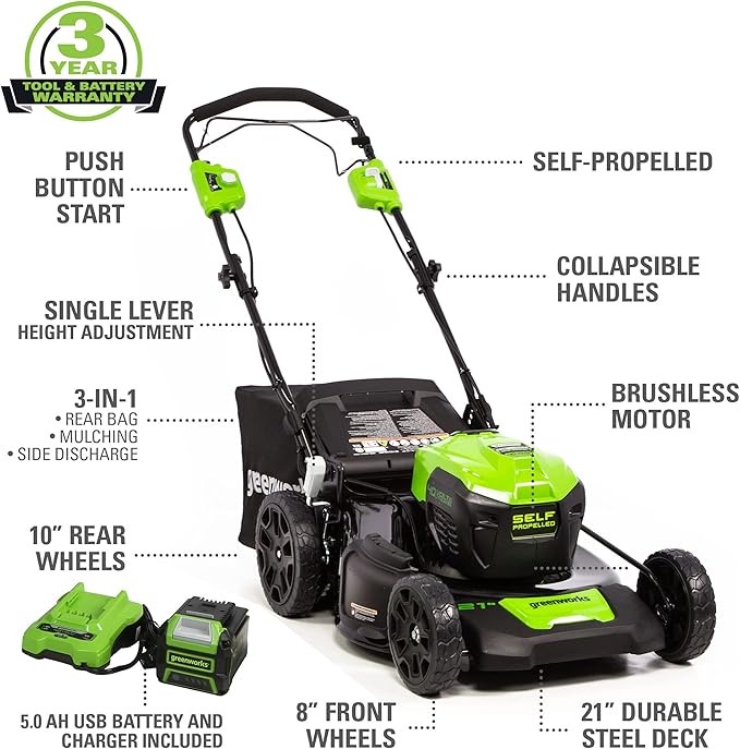 Greenworks 40V 21" Brushless Cordless (Self-Propelled) Lawn Mower (75+ Compatible Tools), 5.0Ah Battery and Charger Included