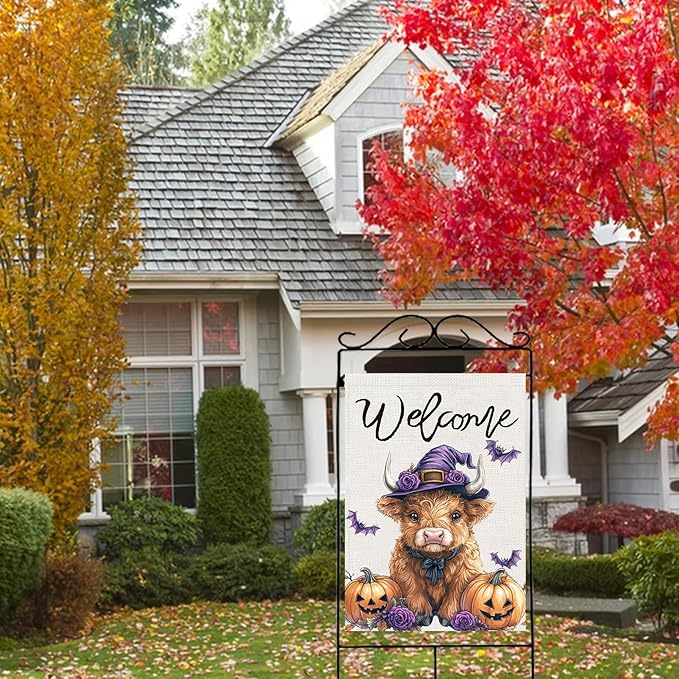 Halloween Highland Cow House Flag 28x40 Double Sided, Welcome Halloween Large Garden Flags for Outside Decor, Holiday Yard Flag Decorations for Home