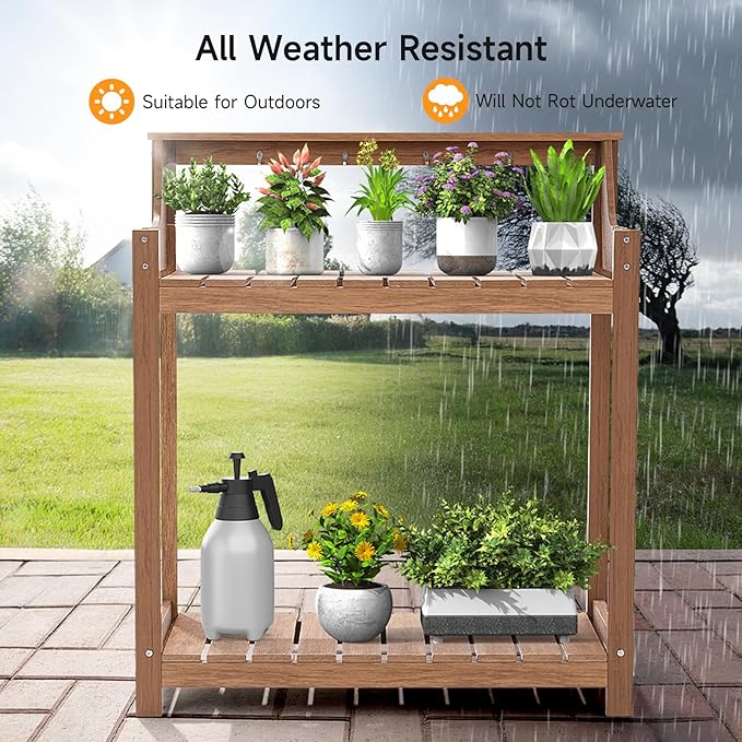 HDPS Potting Bench, All Weather Potting Table with 33.18" Highten Tabletop and 8 Hooks, Easy Assembly Garden Work Bench, Outdoor Potting Benches for Outside Patio Lawn, 360LBS Capacity, Teak