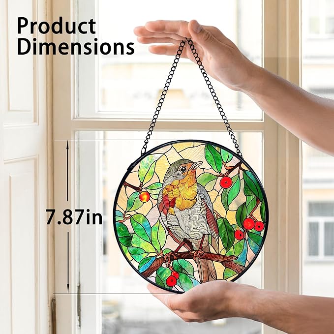 TNUW Bird Stained Glass Window Hanging, Bird Botanical Sun Catchers Indoor Window Glass Round Wall Art Decor, Birds Lover Gifts Wall Hanging Decorations, 7.9＂x7.9＂
