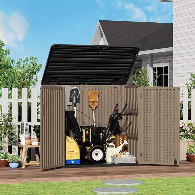 ZZM Large Outdoor Storage Shed, 48 Cu Ft Resin Versatile Storage Cabinet for Patio Accessories, Trash Cans & Garden Tools, Durable Horizontal Storage Box with Lockable Lid (Coffee)