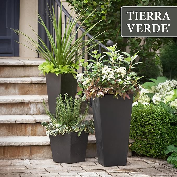Tierra Verde 2-Pack Indoor & Outdoor Self-Watering Square Planters, Small, Sonata, Black - Planter Containers for Plants and Flowers - Gardening and Landscaping Accessories