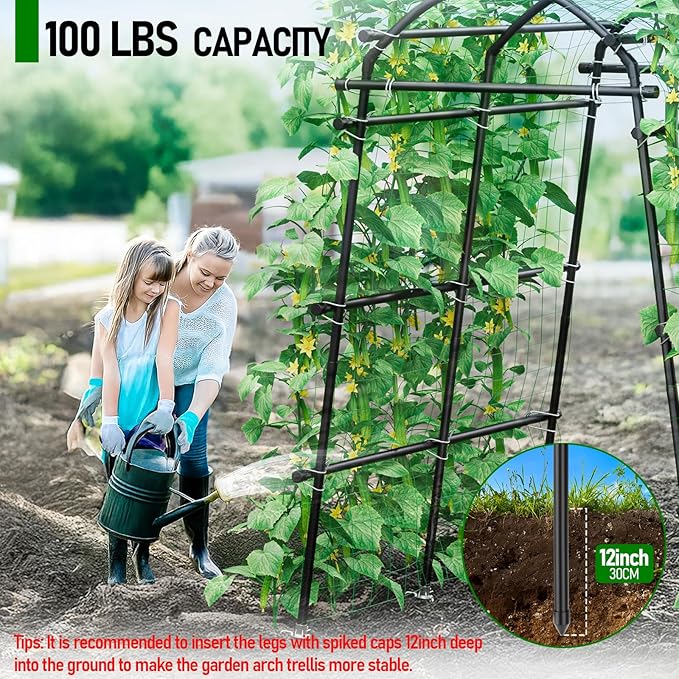 Garden Arch Trellis 88.58" Extra Tall for Climbing Plants Outdoor, Steel Stainless Arched Arbors Tunnel Trellis with Netting, Metal Cable Ties for Cucumber Tomato Pea Vines Fruit