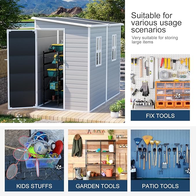 Resin Storage Shed 8x4x6 FT Waterproof Lean to Shed with Floor Included 2 Windows Lockable Door, Outdoor Plastic Sheds for Backyard Garden Patio Lawn Tools