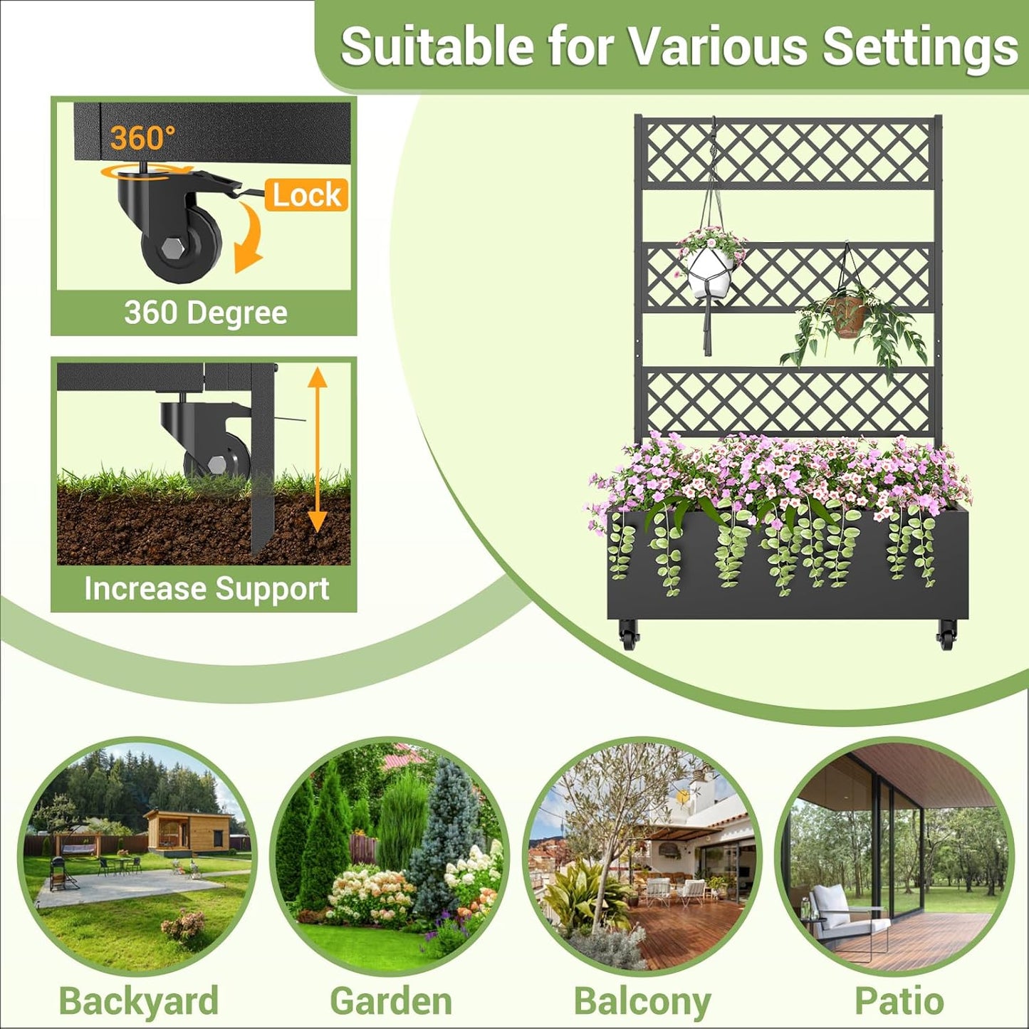 Metal Planter Box with Trellis Privacy Screen, 67"x41"x16" Raised Garden Bed with Trellis, Privacy Planter Boxes, with Planting Bag & Lockable Casters for Climbing Plants,Vegetables,and Vines