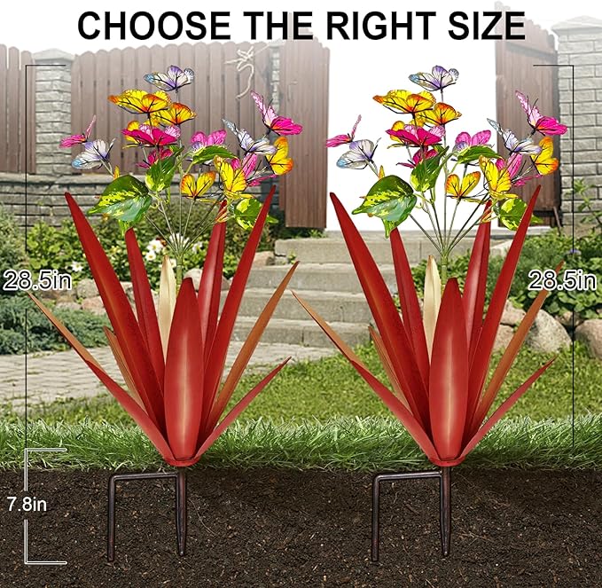 TOMBABY Garden Outdoor Butterfly Enlarge Thickened Wind Resistant Metal Agave Garden Art Metal Plant Country Sculpture Statue Decorations Ornaments Artificial Waterproof Butterflies(red 2pcs)