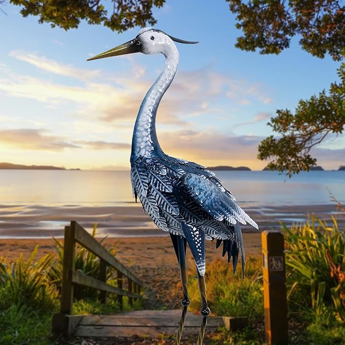 33 Inch Crane Statue for Garden Decorations, Metal Heron Yard Art, Outdoor Decor for Patio, Pond, and Backyard, Blue