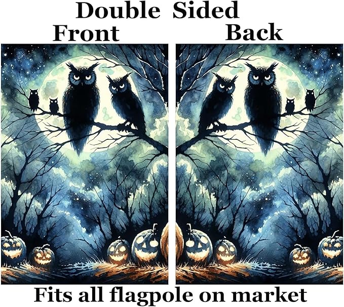Watercolor Halloween Owl Birds Jack O Lantern Pumpkins Full Moon House Flag 28" x 40" Double Sided Polyester Welcome Large Yard Garden Flag Banners for Patio Lawn Home Outdoor Decor
