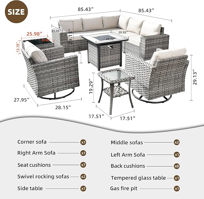 HOOOWOOO 10 Piece Modular Patio Outdoor Sectional Furniture Set with Gas Propane Fire Pit Table,Wicker Conversation Sofa Set with Swivel Chairs,Outside Couch Set(Beige)