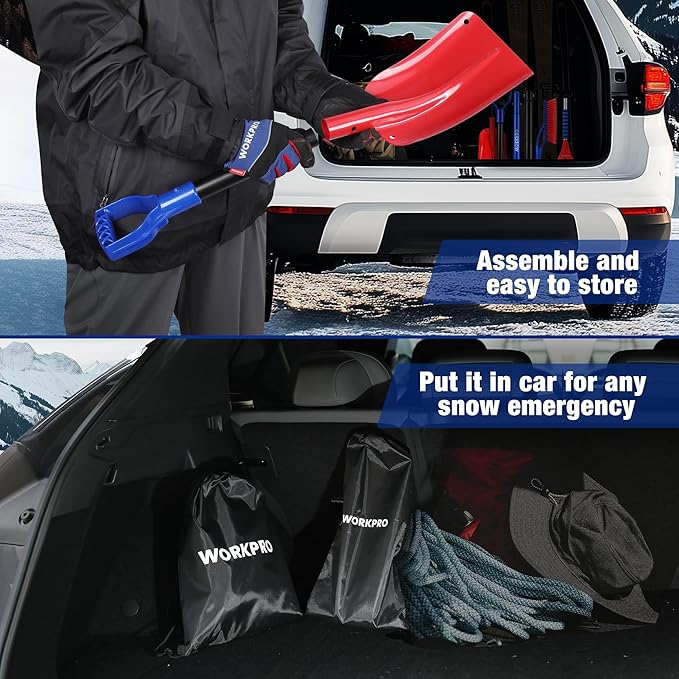 WORKPRO 3-Piece Snow Removal Kit, 47" Detachable Snow Shovel, 27" 2-in-1 Ice Scraper & Snow Brush Tool, Separate Snow Scraper for Car, Truck, Driveway, and Winter Conditions, Storage Bag Included
