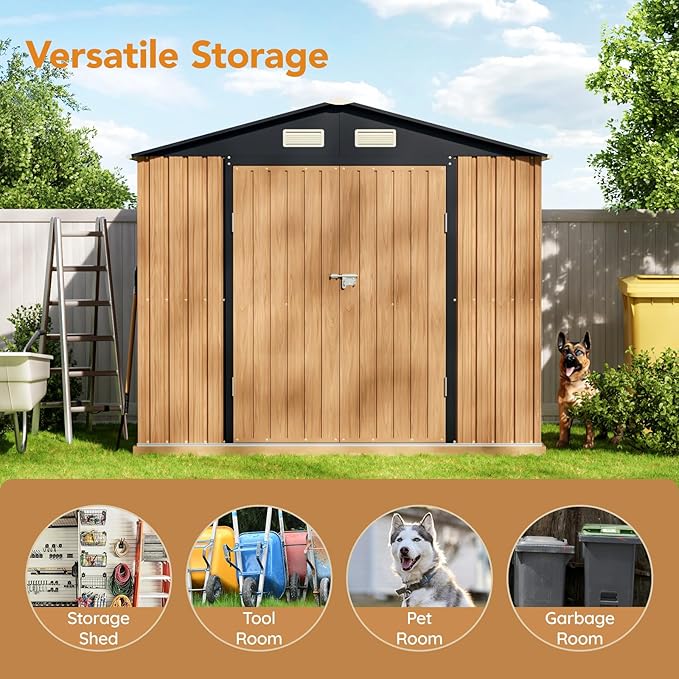 8X6FT Garden Storage Shed with Frame Floor & Lockable Doors,Steel Tool Shed with 1 Clear Window, Anti-Corrosion Metal Shed for Backyard Patio Lawn (Wood Panels Not Included)