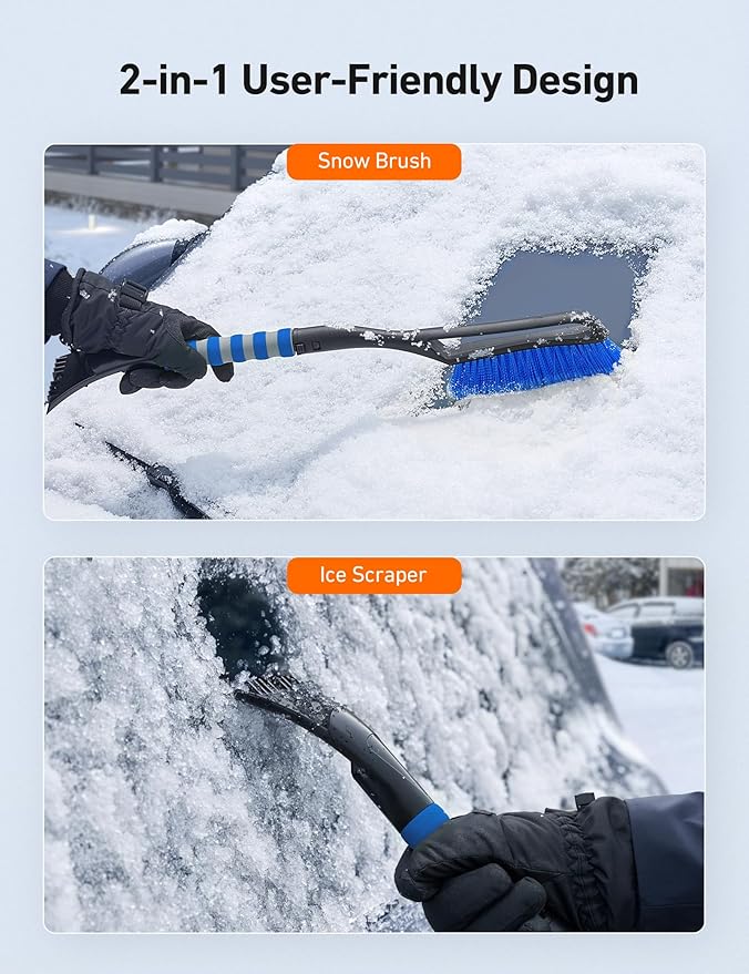 AstroAI 2 Pack 27" Snow Brush and Ice Scrapers for Car Windshield, Detachable Snow Scrapers with Ergonomic Foam Grip for Cars, Trucks, SUVs (Heavy Duty ABS, PVC Brush, Orange)