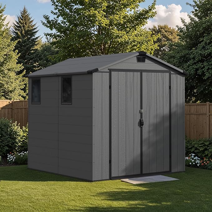 Patiowell 6 x 8 FT Plastic Outdoor Storage Shed with Floor - Weatherproof Resin Tool Shed, Lockable Door & 2 Windows, Easy Assembly for Garden, Backyard, Lawn Equipment (Dark Grey)