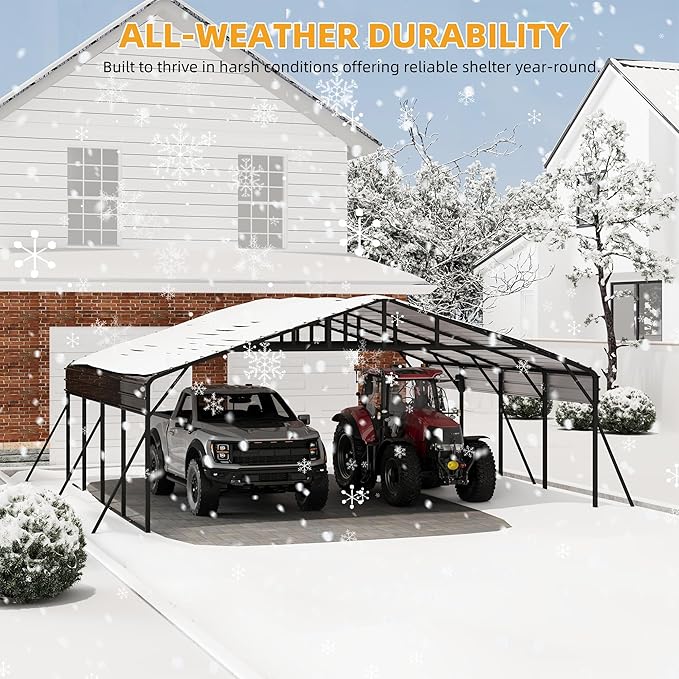 20' x 20' Heavy Duty Metal Carport with Galvanized Steel Roof, Tall MetalCarport Kits Garage for Tractors, Trucks, Boats, Cars, Heavy Duty Metal Roof Carport with Enhanced Base