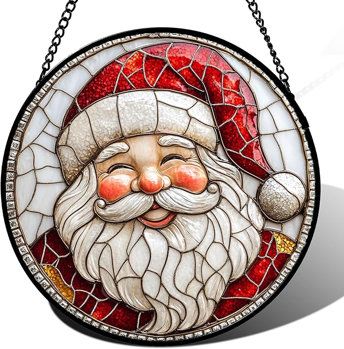 Stained Glass Window Hanging - Red White Santa Claus Suncatcher for Doors Home Christmas Decoration Winter Sun Catcher Thanksgiving New Year Birthday Gifts for Women Men Mom Nana Girl 9.8 in