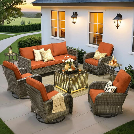ovios 8 Pieces Patio Furniture Set, Outdoor Wicker Sofa Couch with Rocking Swivel Chairs Solar Lights Table, Modern Deep Seat Rattan Conversation Sets for Porch Deck, Orange Red
