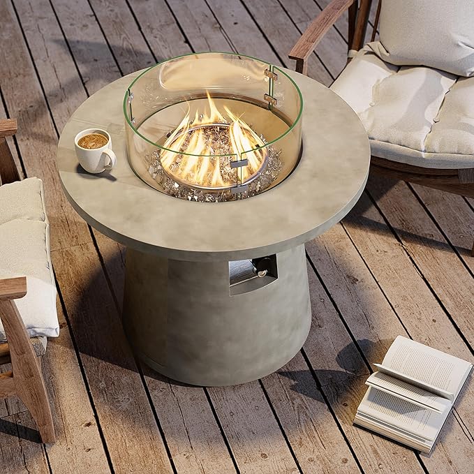 HOMPUS Outdoor Propane Fire Pit, 31-inch Round Gray Propane Fire Pit with 10lbs Aqua Transparent Gray Fire Glass, 40000 BTU Gas Smokeless Fire Pit, Patio Concrete Fire Pit with Lava Rocks & Rain Cover