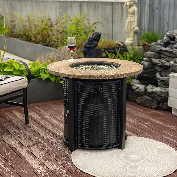 30'' Concrete Round Gas Fire Pit, 50,000 BTU Steel Outdoor Fire Tables, Fire Table with Lid, Add Warmth & Ambience to Gatherings and Parties On Patio Deck Garden Backyard.