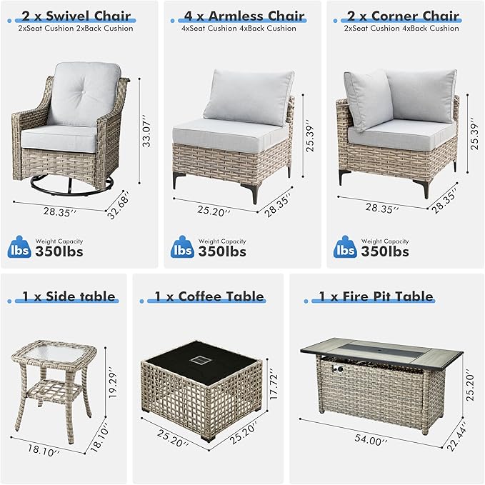 HOOOWOOO Outdoor Patio Furniture Set with Fire Pit Table,11 Pieces Wicker Out Door Sectional Furniture L Shaped Couch,Outside Patio Conversation Swivel Chair Sets,Light Gray