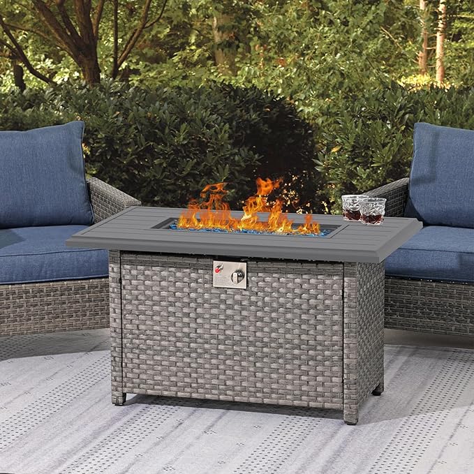 SUNSITT Outdoor Fire Pit Table 43 Inch Wicker Propane Fire Pit with Aluminum Tabletop 50,000 BTU Gas Firepit with Fire Glass, Lid, Cover, Taupe Rattan