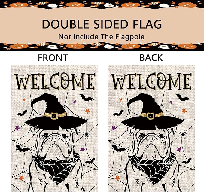 Halloween Garden Flag English Bulldog Cobweb Bats Double Sided Vertical Welcome Flag Holiday Outdoor Yard Lawn Decorations 12.5 x 18 Inch