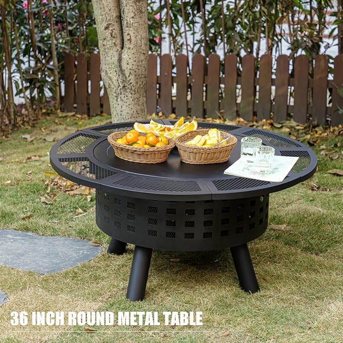 36 inch Outdoor Fire Pit with Grill,Wood Burning Firepits for Outside with Lid & Fire Poker,Metal 3-in-1 Fire Pit Table with Cooking Grate,Outdoor Fireplaces for Bonfire,Yard,BBQ（Jet Black）