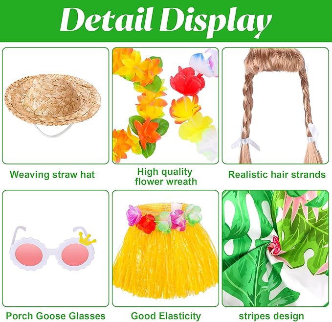 DECOHS 2 Set Hawaiian Porch Goose Outfits, Summer Bikini Lawn Goose Costume, Yard Goose Clothes Grass Skirt Straw Hat with Wreath Glasses Wig for 23" Statue Patio Garden Decoration
