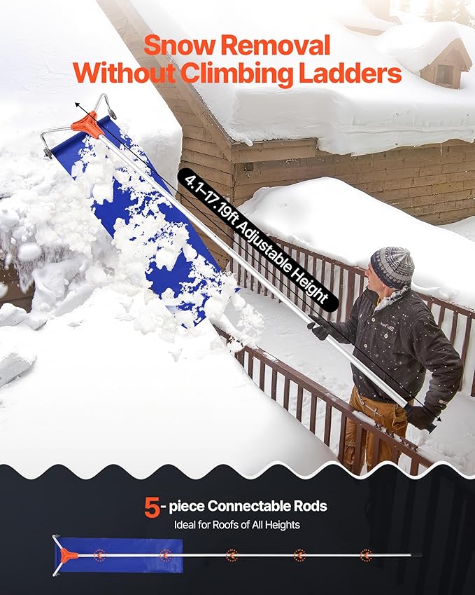 VEVOR Snow Roof Rake, 17 in Aluminum Blade, 4.1-17.2 ft Adjustable Roof Snow Scraper with Wheels & Slide, Lightweight Snows Removal Tool for House Rooftop Leaves Debris Clearing