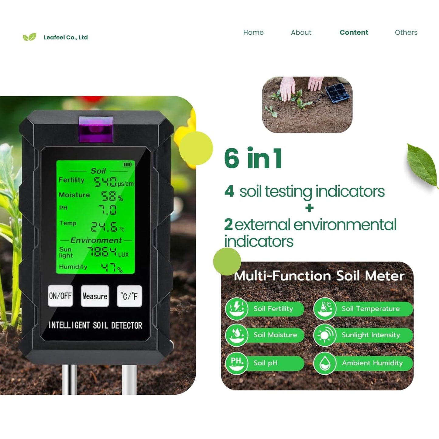 6-in-1 Soil Moisture Meter/Soil PH Tester with LCD Display: pH, Plant Temperature, Moisture, Sunlight, Air Humidity & Soil Fertility Meter for Gardening, Farming, Lawn & Indoor/Outdoor Plants