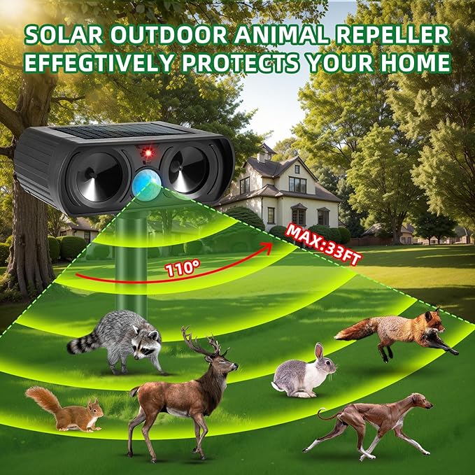 2025 Solar Ultrasonic Animal Repellent Cat Repellent Outdoor Solar Animal Repeller with Motion Detection Waterproof Deer Repellent Device to Repel Raccoon Rabbit Squirrel Skunk Fox(4Pack)