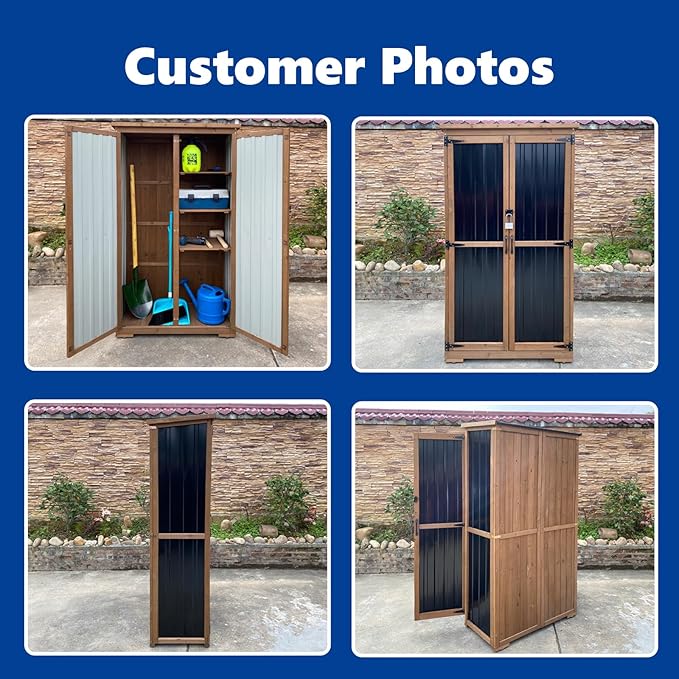 Outdoor Storage Cabinet Wood & Metal with Waterproof Roof, Garden Tool Shed with 3 Removable Shelves, 4 adjustable reinforced feet with metal brackets, 6 T-Hinge, magnetic door,15.6"D x 32.3"W x 66"H