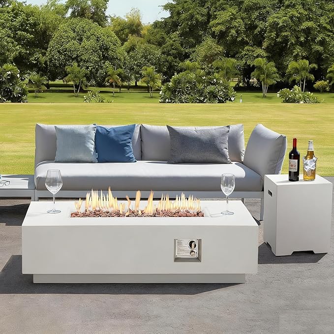 ECOTOUGE Gas Fire Pit, Outdoor Propane Firepit Table Set w/Tank Cover, 56''Auto-Ignition Rectangle Steel Fire Table, 50,000 BTU Concrete fire Pit w/Weather-Resistant Pit Cover, Lava Rocks, White