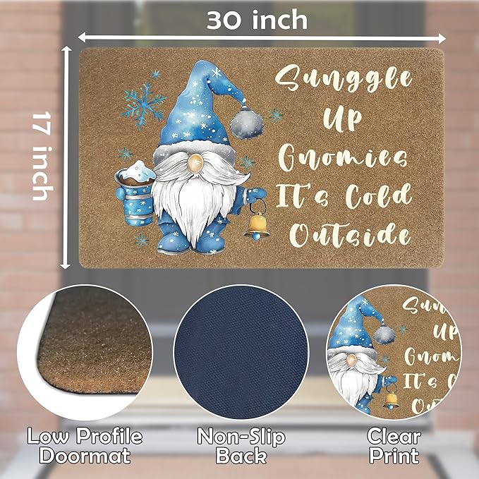 Blue Winter Gnome Faux Coir Door Mats Outdoor, Christmas Gnome Door Mat for Home Outside Entryway, Holiday Winter Christmas Welcome Doormat for Indoor Outdoor Porch Entrance, 17x30 Inch