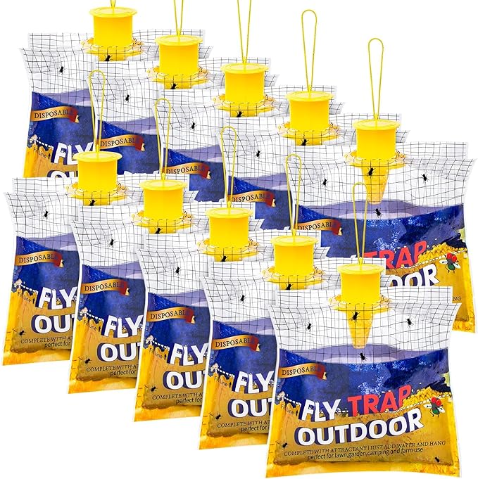 Disposable Fly Traps 10 Pack Bags Outdoor, Flies Catcher Traps with Natural Pre-Bait Refill Repellent, Reusable Stable Horse Ranch Trapper Outdoor Hanging Killer Helps Control