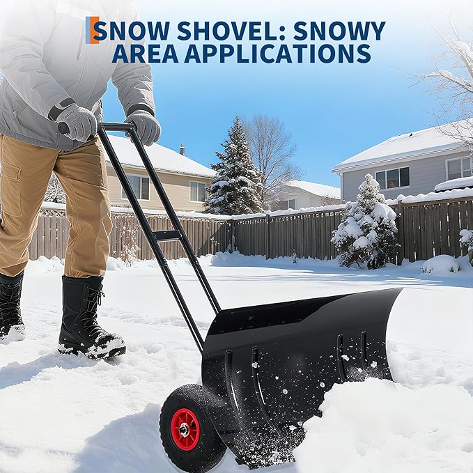 GarveeHome Large 39" W Snow Shovel Pusher for Driveway, Metal Snow Pusher with Wheels, Ergonomic Snow Pusher Shovel with Snow Removal Adjustable Angle & Height Handle for Sidewalk, Double Rod
