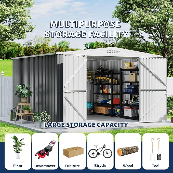9x12 Shed for Outdoor Storage, Galvanized Steel Metal Tool Sheds House with Lockable Doors, Lock & Air Vent, Large Utility Sheds for Patio Garden Lawn (9x12.6, Grey)