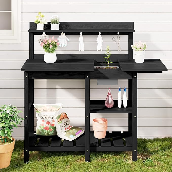 SERWALL Potting Bench Outdoor Potting Table with Sink, HDPE Potting Benches for Outside Gardening Table All Weather Use- Black