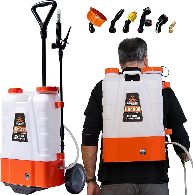 PetraTools Battery Powered Backpack Sprayer 4 Gallon - 6 Hours Long Battery Life & Padded Straps for Comfort - HD4000 Electric Backpack Garden Sprayer with 6 Spray Nozzles (HD4000 with Cart)