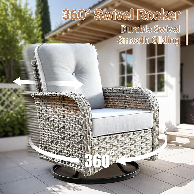 HOOOWOOO Outdoor Patio Furniture Set,8 Pieces Wicker Out Door Sectional Furniture L Shaped Couch,Patio Conversation Sets with Swivel Rocking Chair LED Table,Light Gray
