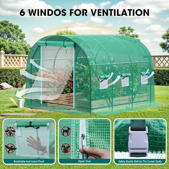Grezone Walk-in Greenhouse Upgraded Green House with Dual Zippered Screen Doors & 6 Screen Windows Heavy Duty Plastic Plant Warm House with Reinforced Frame (10x7x7 FT)