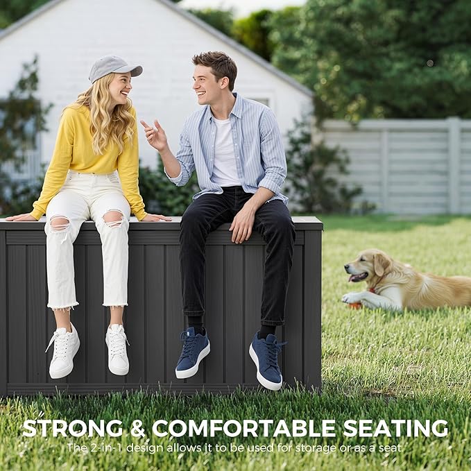 150 Gallon Resin Deck Box, Large Indoor and Outdoor Storage Box, Weatherproof and UV Resistant Outdoor Storage Box with Built-in Steel Beams for Patio, Cushions, Pool Supplies