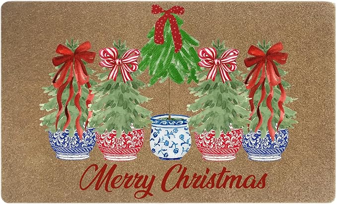 Red White and Blue Chinoiserie Faux Christmas Coir Door Mats Outdoor, Merry Christmas Door Mat for Outside Entryway, Xmas Tree Welcome Doormat for Indoor Outdoor Porch Entrance, 17x30 Inch