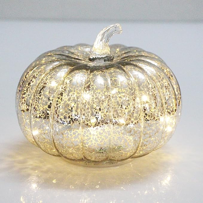 Mercury Glass Pumpkin Lights with Timer, Battery Operated Led Pumpkin Lights for Halloween Fall,Thanksgiving Rustic Decor (Silver Common, 6")