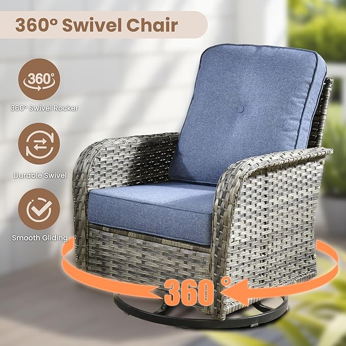 HOOOWOOO Outdoor Patio Furniture Set,7 Pieces Wicker Conversation Set,All Weather Couch Set with Fire Pit Table Swivel Chairs Ottoman 7 Seaters for Out Door Yard(Denim Blue)