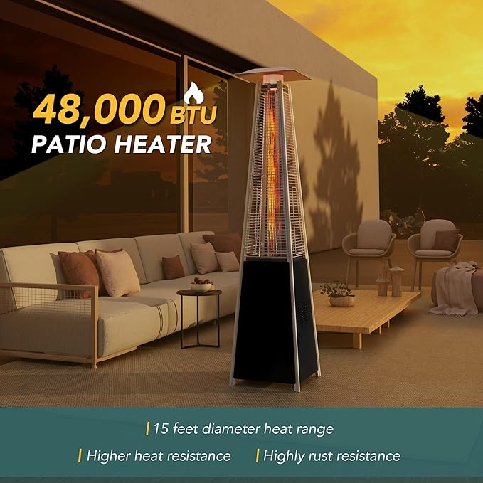 Pamapic Patio Heater with Cover, 48,000 BTU Pyramid Flame Outdoor Heater Quartz Glass Tube Propane