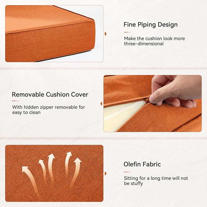 Luxury 6" Outdoor Cushions for Patio Furniture, 24x24x6 Thick Seat Cushion Set of 4, Fade Resistant Couch Chair Replacement Cushions High Density Deep Wicker Chair Cushion w/Removable Cover, Orange