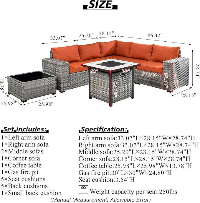 HOOOWOOO Modular Patio Outdoor Sectional Furniture Set with Gas Propane Fire Pit Table,7 Piece Wicker Conversation Sofa Set,Out Door Couch Set with Wide Arm Outside(Orange Red)